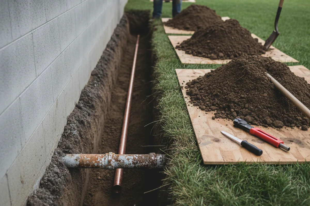Excavated water line trench during Sewer Line Repair in Highspire